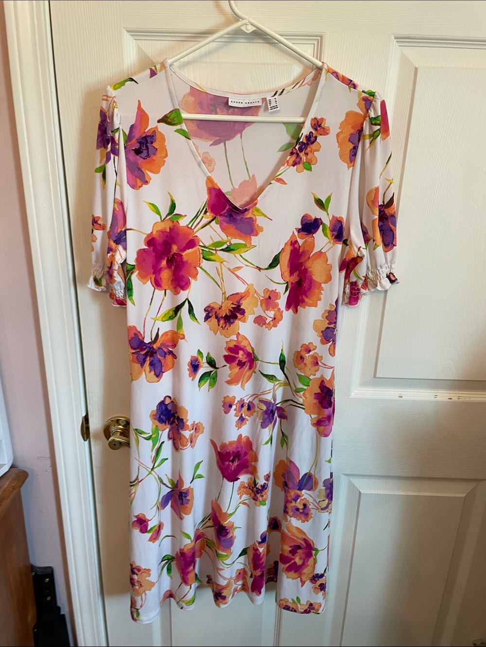 Susan Graver White V-Neck Blouse with Pink, Purple & Orange Floral Print